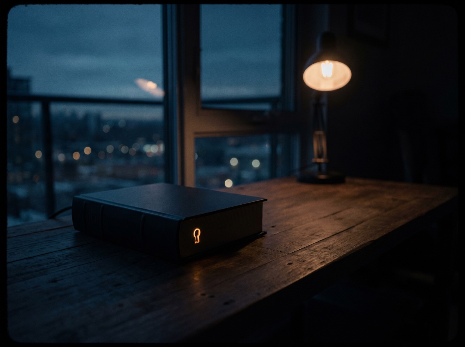 A small home server with a glowing amber keyhole on a desk at night