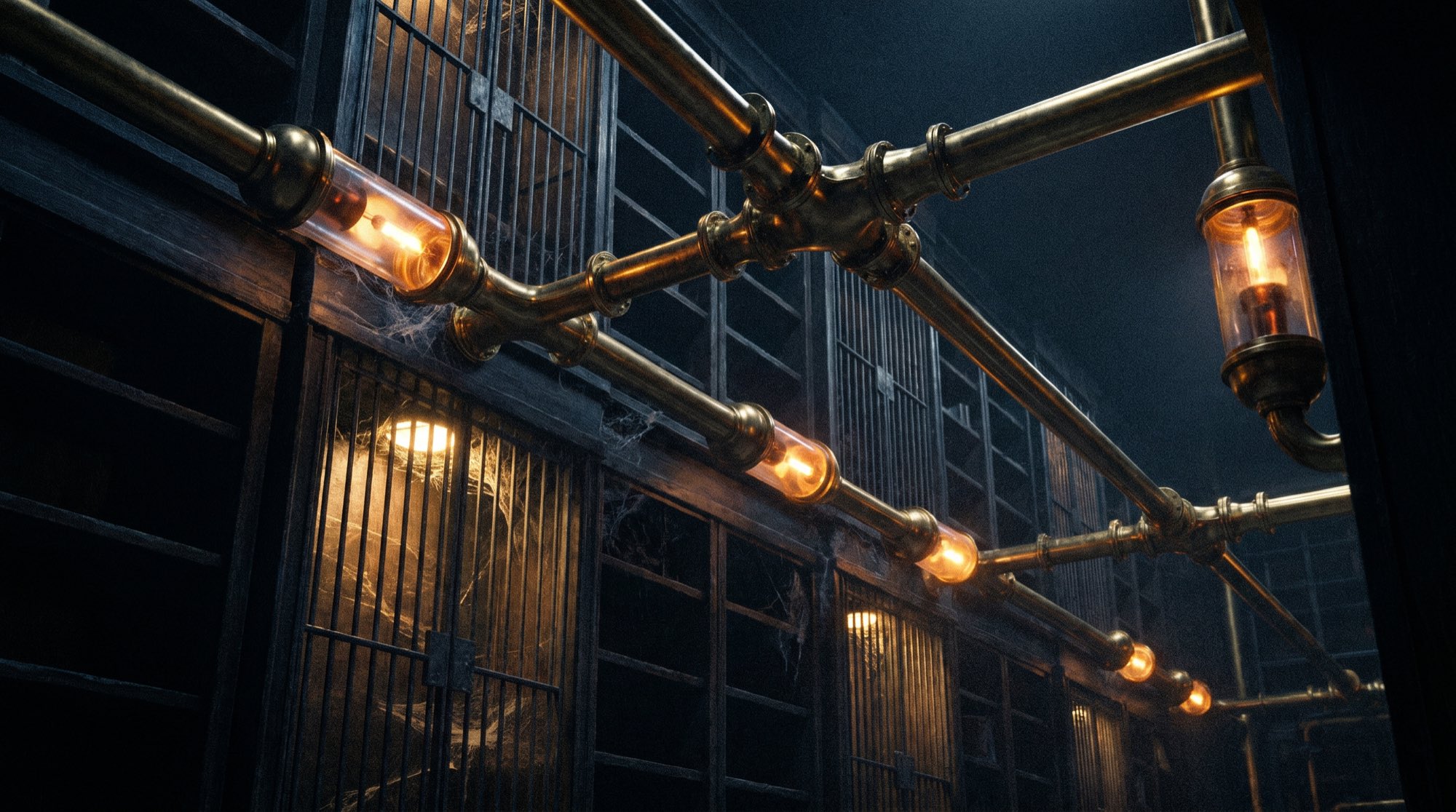 Brass pneumatic tubes carrying glowing document capsules through a dark archive